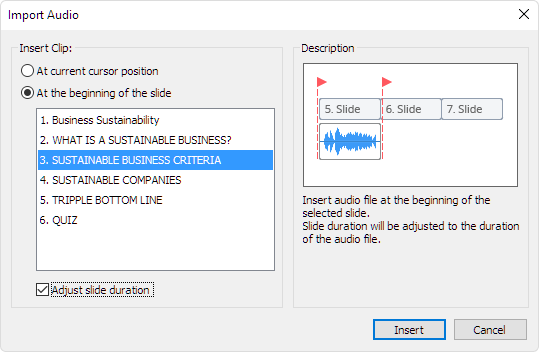 The Import Audio window in iSpring Suite