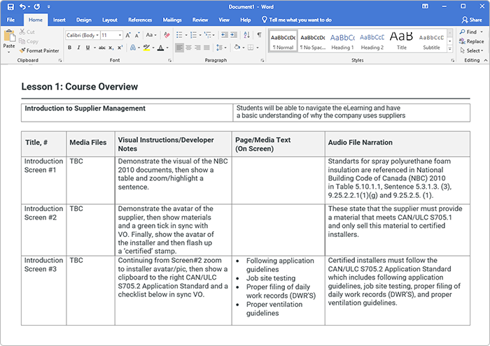 An example of a textual storyboard made in Microsoft Word