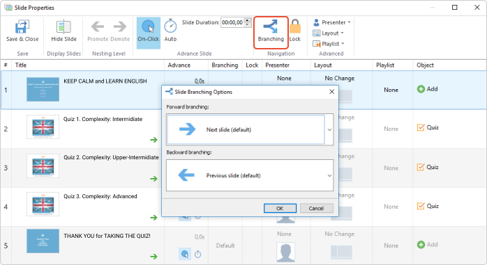 Slide Properties menu in iSpring Suite