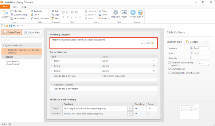 Matching Question field in iSpring QuizMaker