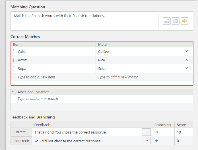 Correct Matches area Correct Matches area in iSpring QuizMaker