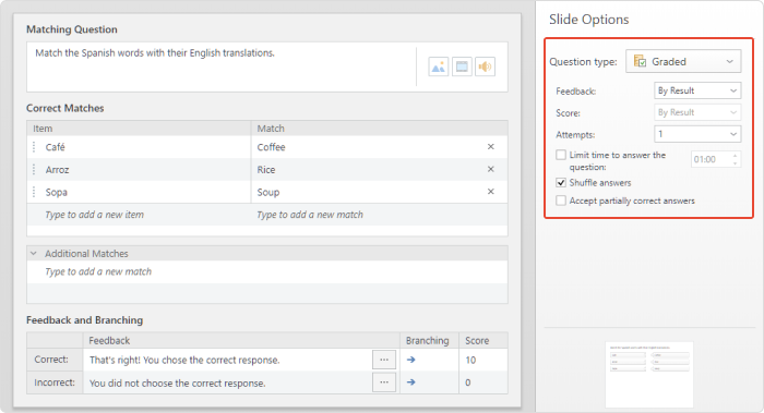 Slide Options area Slide Options area in iSpring QuizMaker