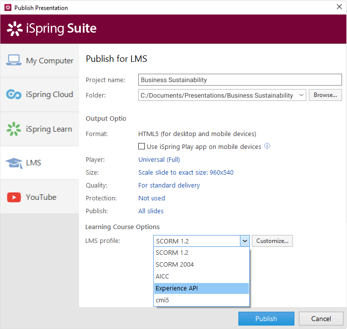 LMS profile menu in iSpring Suite