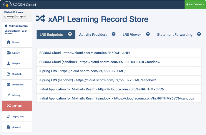 SCORM Cloud xAPI LRS endpoints list SCORM Cloud xAPI LRS