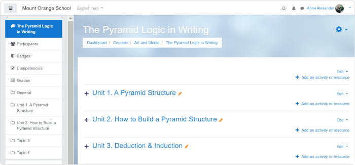 Topics format in Moodle example