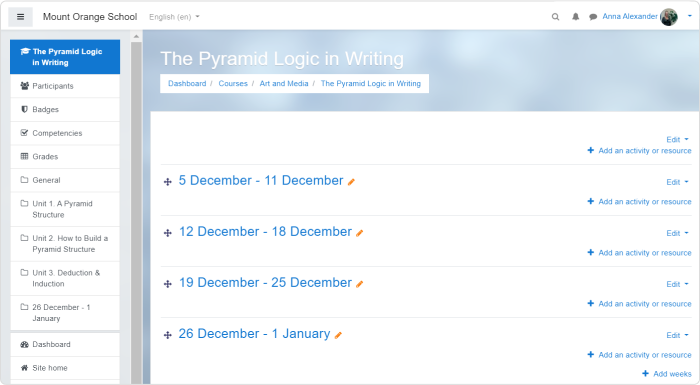 Weekly format in Moodle example
