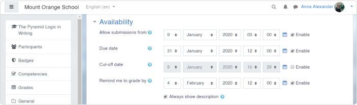  Assignment availability settings in Moodle