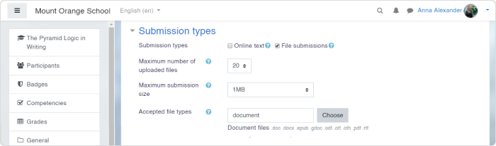 Submission types settings in Moodle