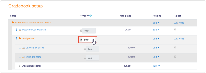 Gradebook category weights setup in Moodle