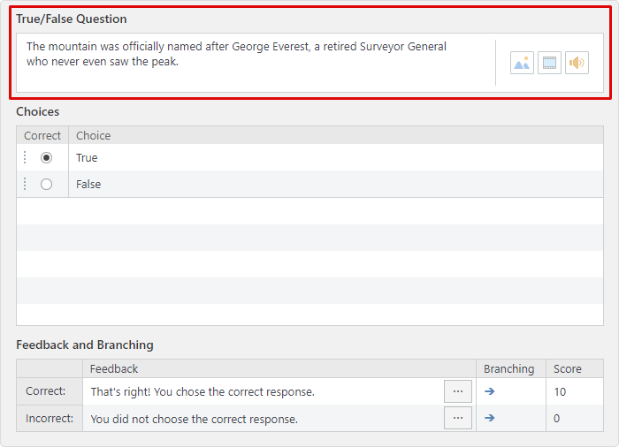 True/False Question field in iSpring QuizMaker