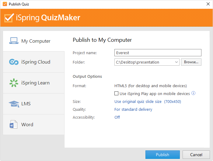 Publishing in iSpring QuizMaker