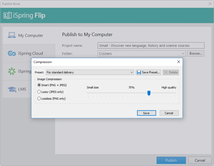 Publishing options in iSpring Flip