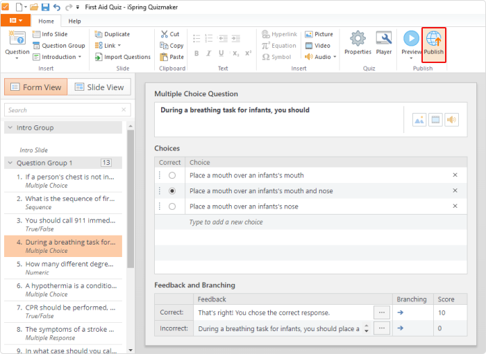 Publish menu Publish menu
