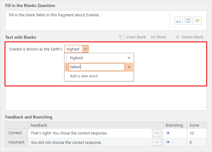 Building fill-in-the-blank options in iSpring QuizMaker