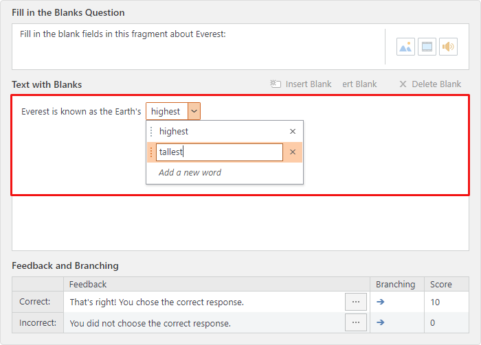 Building fill-in-the-blank options Building fill-in-the-blank options in iSpring QuizMaker