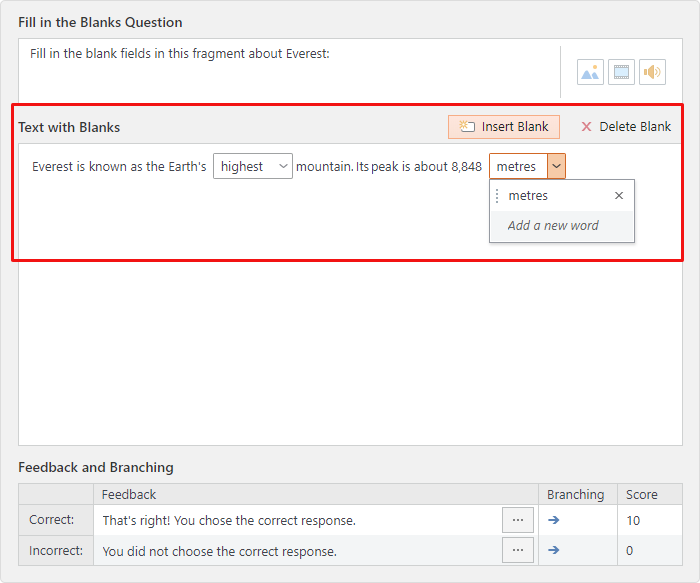 Adding blanks to the question Adding blanks in iSpring QuizMaker