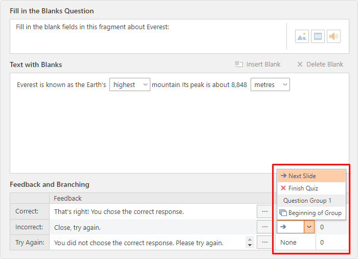 Setting up branching in iSpring QuizMaker
