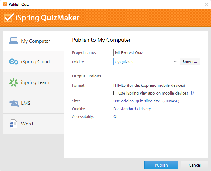 Publishing a quiz in iSpring QuizMaker