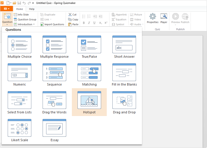 Choosing a hotspot question in iSpring QuizMaker