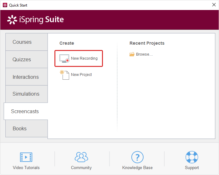 Quick Start window in iSpring Suite