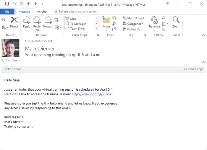 An example of an email reminder An example of an email
