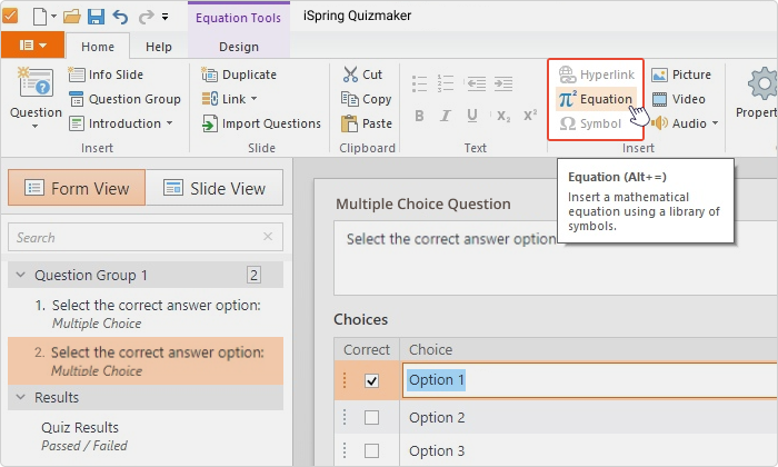 Clicking Equation tool