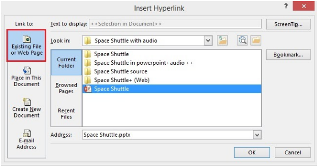 Existing File or Web Page in the Insert Link window Existing File or Web Page in the Insert Link window