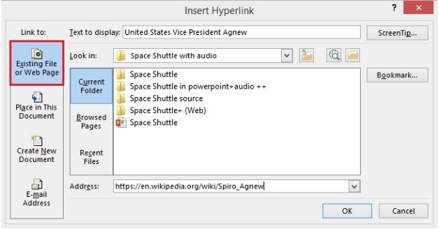 Existing File or Web Page in the Insert Link window Existing File or Web Page in the Insert Link window