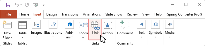 The Link button on the PowerPoint toolbar