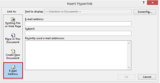E-mail Address in the Insert Link window E-mail Address in the Insert Link window