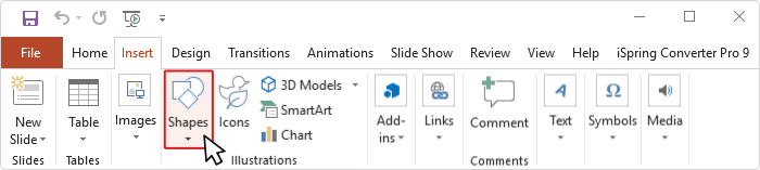 The Shapes button on the PowerPoint toolbar
