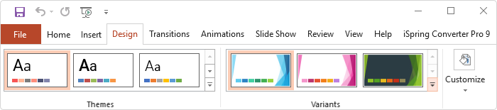The Design tab on the PowerPoint toolbar