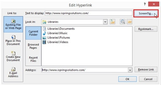 The ScreenTip button in the Edit Hyperlink window