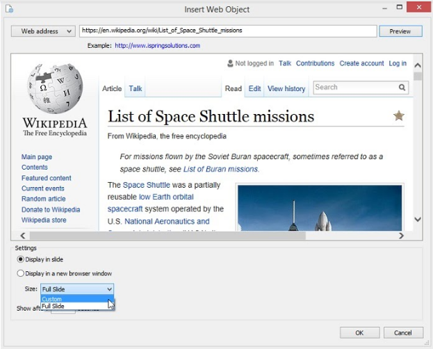 The Insert Web Object window The Insert Web Object window
