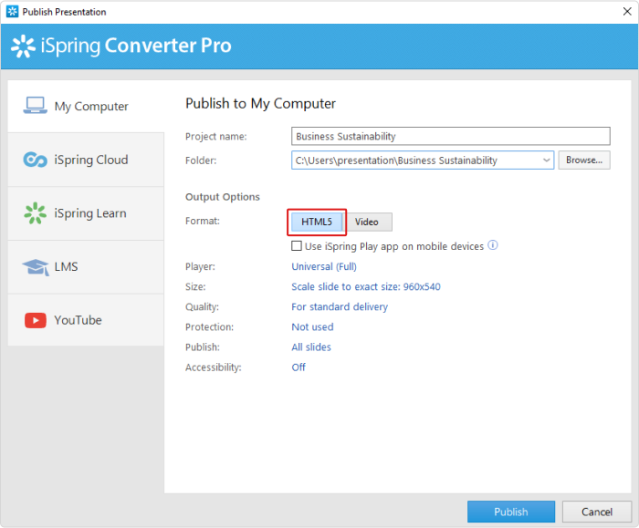 The Publish Presentation window The Publish Presentation window