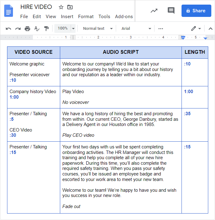 An example of a video script for an onboarding video