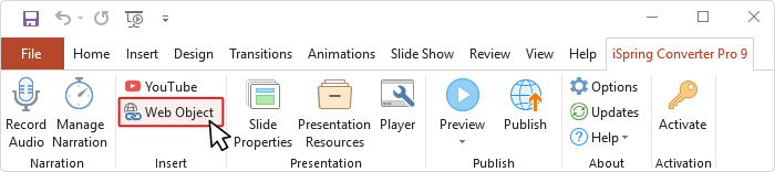 Inserting Web Object settings