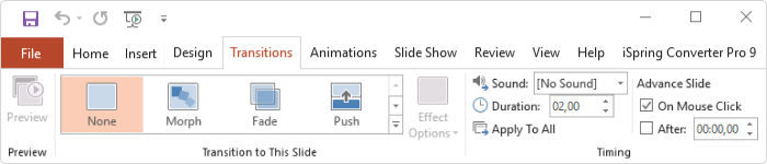 Transitions tab on the PowerPoint ribbon