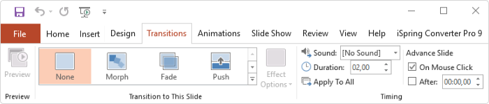 Transitions tab on the PowerPoint ribbon Transitions tab on the PowerPoint ribbon