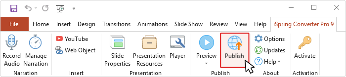 Publish button in iSpring Converter Pro 9 Publish button in iSpring Converter Pro 9