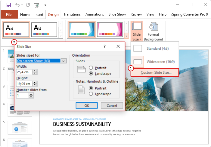 Slide size Slide's orientation properties