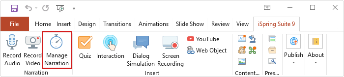 Manage nurration button in iSpring Suite