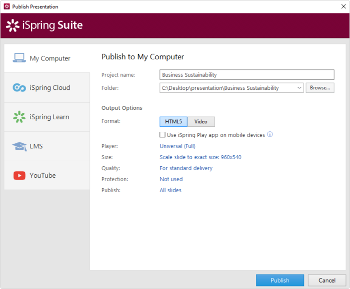 Publish button in iSpring Suite