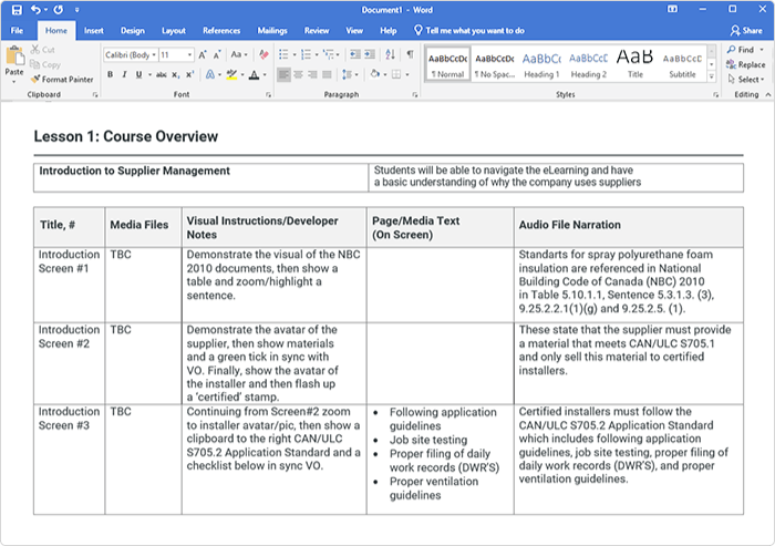 Example of a storyboard in Word