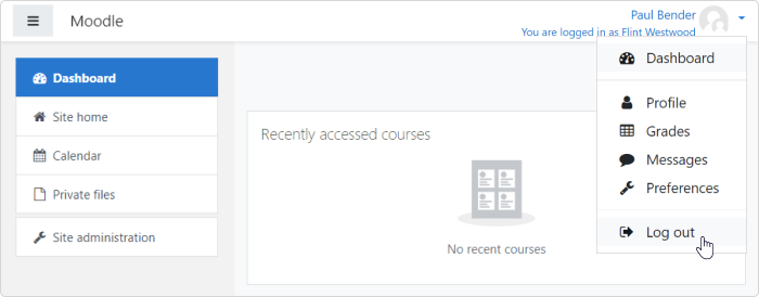 Logging out via the menu in Moodle Logging out via the menu in Moodle LMS