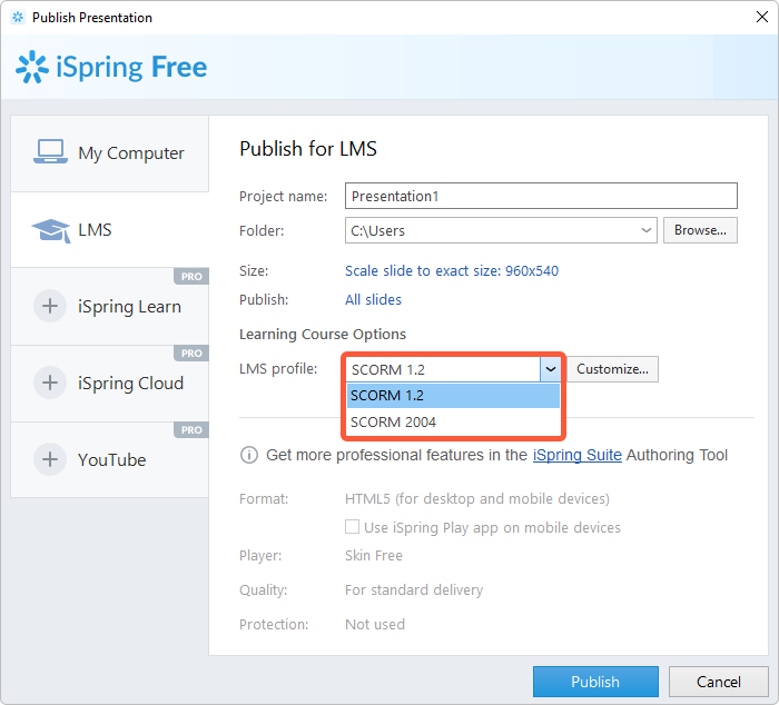 Publishing a course for LMS in iSpring Free