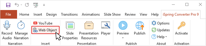 Add Web Object button in ppt