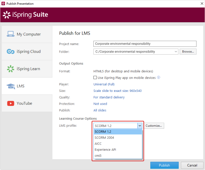 Publish for LMS in iSpring Suite
