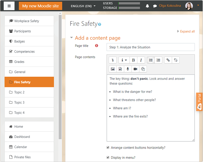 Moodle content page settings