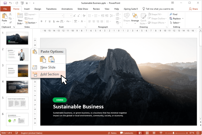 Adding sections in PowerPoint